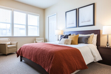 Fototapeta premium Stylish bedroom with cozy bed, warm bedding, and natural light. decor features framed art and comfortable seating area, creating welcoming atmosphere