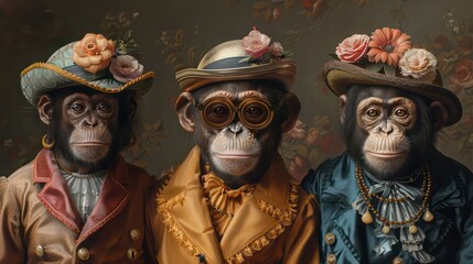 Orang Utan animals dressed in victorian era clothing illustration