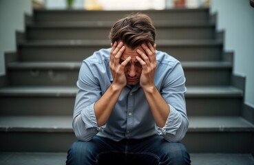 Man sits on stairs head in hands. Emotional distress visible. Problem possibly financial relationship related. Sadness, hopelessness apparent. Mental health crisis evident. Desperation evident. Man