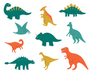 Set of cute dinosaur characters. Design elements for print, greeting card, invitation, book. Isolated vector illustration