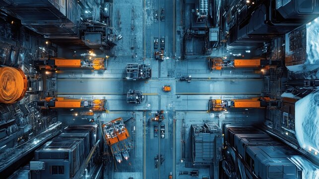 Futuristic city intersection, aerial view at night, showing transport and infrastructure.