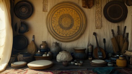 Artisan's workshop pottery, instruments, desert setting