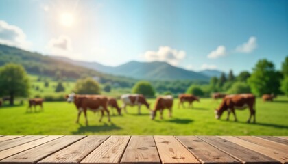 Naklejka premium Empty wooden table top in front of blurred background of cows grazing in green pasture. Rural landscape with hills, trees. Sunny day with beautiful sky. Ideal for food products beverages, potentially