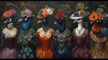Peacock animals dressed in victorian era clothing illustration