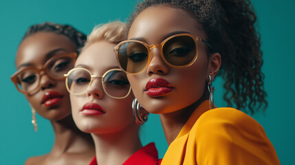 Stylish Women Wearing Trendy Sunglasses Fashionable Accessories Portrait Diverse Models Red Yellow Modern Beauty Summer Style Bold