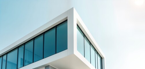 Fototapeta premium Modern minimalist white building with large glass windows. Sleek contemporary structure. Exterior of high-end apartment office building in city. Clean lines, geometry. Lots of light. Ideal for real