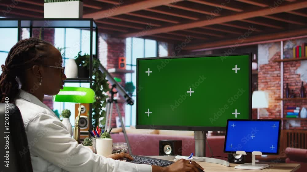 Aufkleber woman browsing social media at home using isolated screen computer display and tablet. person talkin