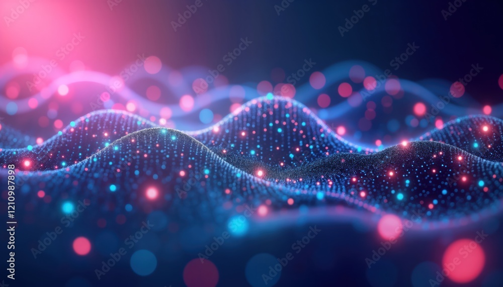 Poster abstract digital network. glowing connections form wavy patterns on vibrant blue-purple background. 