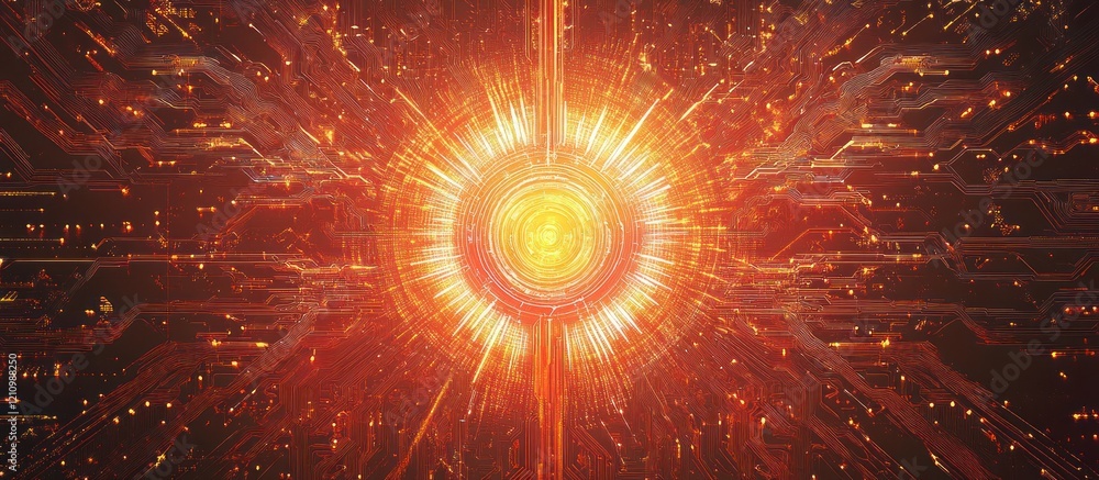 Poster glowing circular energy core with fiery rays emanating from a technological background.