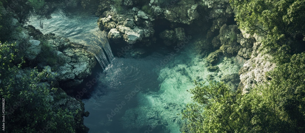 Poster aerial view of a serene spring with a small waterfall cascading into a clear pool surrounded by lush