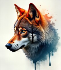 Naklejka premium Closeup wolf portrait double exposure with vibrant colors. Vivid colors enhanced wild animal. Dark tree silhouette inside wolf head. Dynamic illustration style. Dramatic color splash. Wild forest