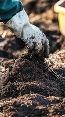 Obraz premium Gardener's hand planting soil, outdoor garden