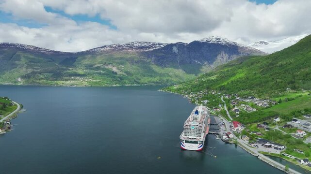 IONA P&O CRUISE from a drone in Olden, Innvikfjorden, Norway, Europe