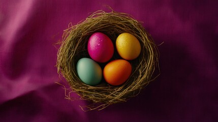 Obraz premium Colorful Easter eggs in nest on purple fabric