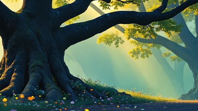 A digitally rendered image showcasing the massive roots of an ancient tree in a sunlit forest clearing, surrounded by wildflowers.