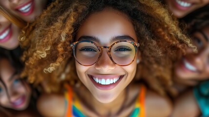 Close-up portrait of a cheerful young woman with glasses, surrounded by friends, radiating joy and positivity.