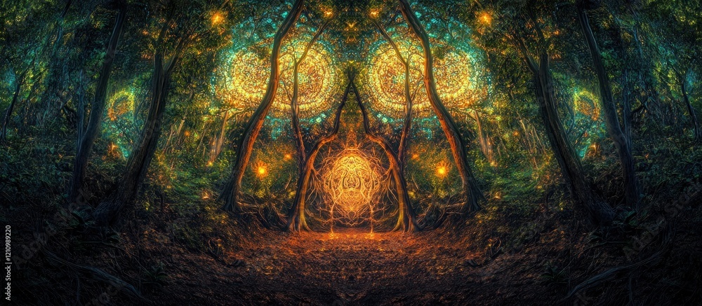 Poster enchanting mystical forest path with glowing orbs and trees.