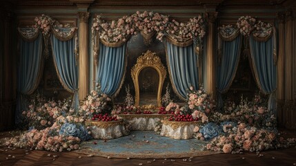 Opulent Rococo Room, Flowers, Cherries, Mirror, Romantic Setting,  Wedding, Photography Backdrop