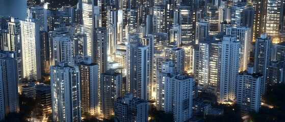 Obraz premium A city skyline with many tall buildings lit up at night