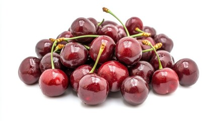 A pile of ripe, succulent cherries with glossy red skins, Their plump and juicy appearance enticingly displayed