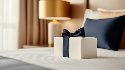 Elegant gift box with a dark ribbon placed on a neatly made bed in a beautifully decorated hotel room, perfect for special occasions and celebrations.