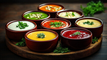 Assortment of Colorful and Delicious Creamy Soups in Rustic Bowls, Food Photography menu dill lunch tasty fresh herbs   