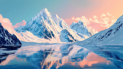 Illustration of majestic snow covered mountains rising from icy blue waters of a serene fjord. Icy Fjord. Illustration