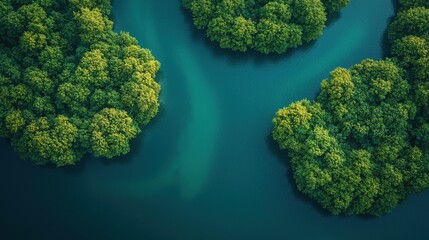 Lush green forest islands surrounded by tranquil blue waters under daytime sunlight