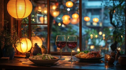 Romantic dinner, wine, Asian restaurant, lanterns, night