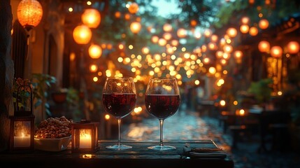 Romantic red wine night, lantern-lit alley, date