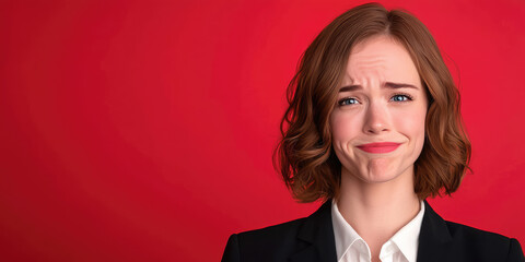 Funny Woman with awkward smile, concept emotion of awkwardness, sarcasm, inappropriate joke, copyspace background, banner template