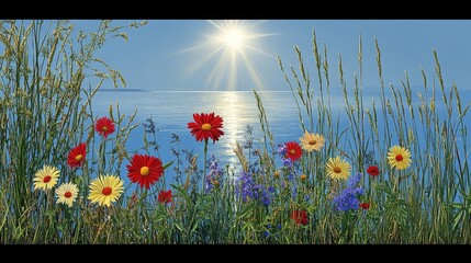 Sunny coastal wildflowers, calm sea, summer day, peaceful scene, nature background