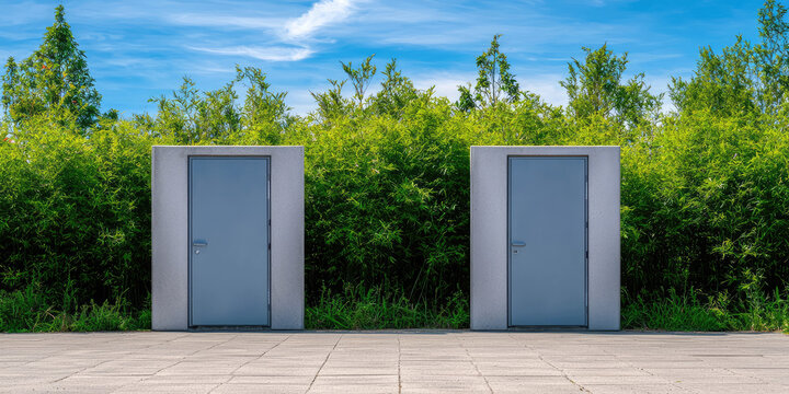 Modern public outdoor bio-toilet stall. Infrastructure of urban environment, convenience of citizens, wc room