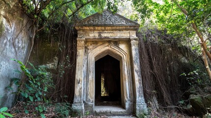 Overgrown Ancient Tomb Entrance: A Mystical Gateway