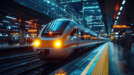 Naklejka premium Modern high-speed train arriving at a busy urban station during nighttime with illuminated skyscrapers in the background