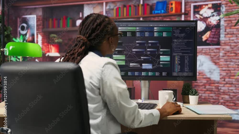 Poster teleworking computer scientist at home using pc to develop artificial intelligence self learning alg