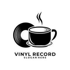 Music cafe record logo. Disc Vinyl with Coffee cup logo template. Vinyl record logo design vector.
