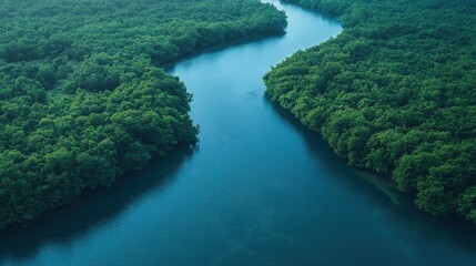 River meanders through lush green landscape under clear blue sky in a tranquil natural setting