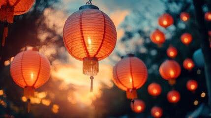 Fototapeta premium Illuminated lanterns glow at sunset, festival backdrop