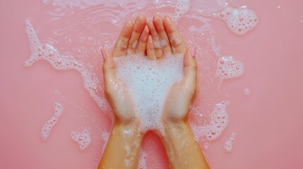 Fototapeta premium Hands cupped with fluffy white lather in pink water. Ideal for beauty, hygiene, and skincare product promotions.