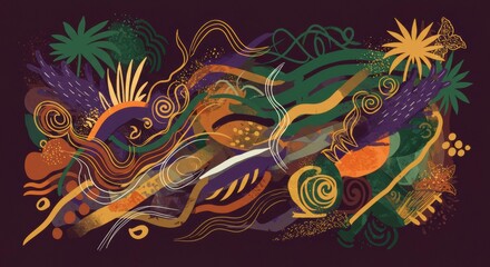 Abstract Whimsy: A captivating abstract illustration featuring a dynamic composition of vibrant colors, swirling lines, and organic shapes, evoking a sense of movement and energy.