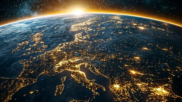 Elegant view of Europe illuminated at night with sunrise from space showcasing natural beauty and urban light patterns