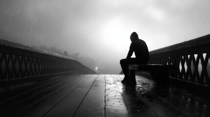 A person in a hooded coat sits alone on a wooden bench, staring into the distance as heavy rain pours down around them during twilight. A concept of sorrow, loneliness, and sadness.
