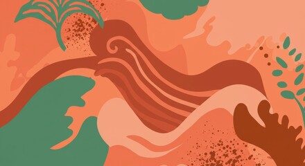 Abstract Terracotta and Teal: An organic and earthy abstract design featuring flowing terracotta waves, accented by teal foliage and splatters.