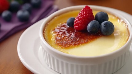 A creamy dessert topped with berries in a white dish, showcasing culinary artistry.