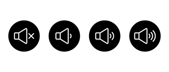 Sound speaker outline icon on black circle. Audio volume level sign symbol