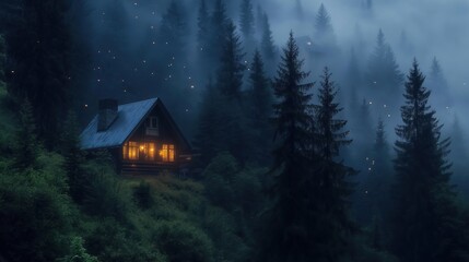 Foggy night in the forest with a small wooden house in the foreground