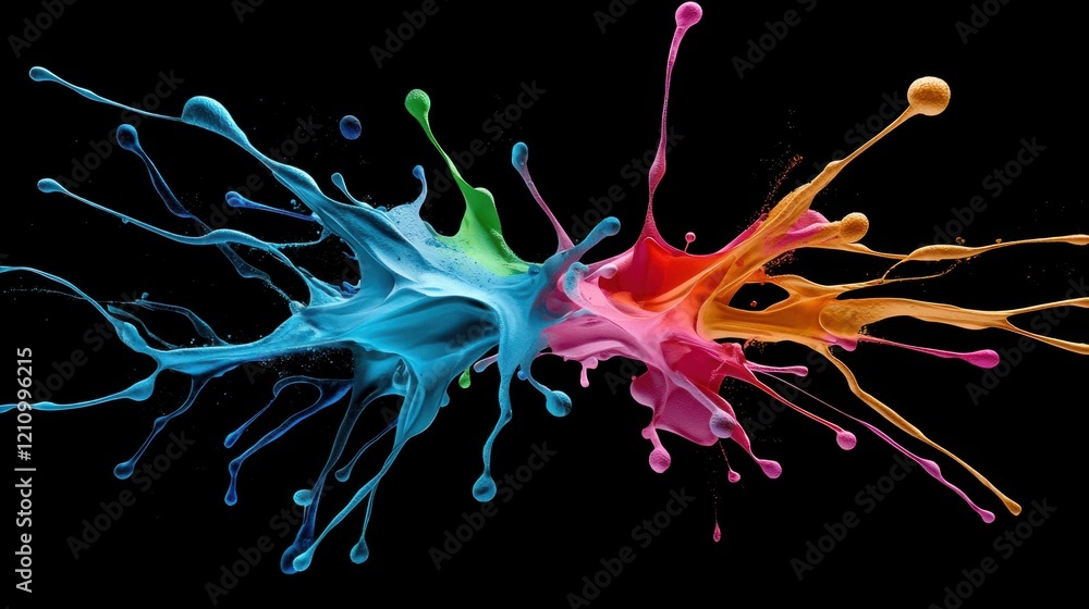 Poster dynamic paint splashes collide in colorful explosion abstract art studio setting vivid and lively at