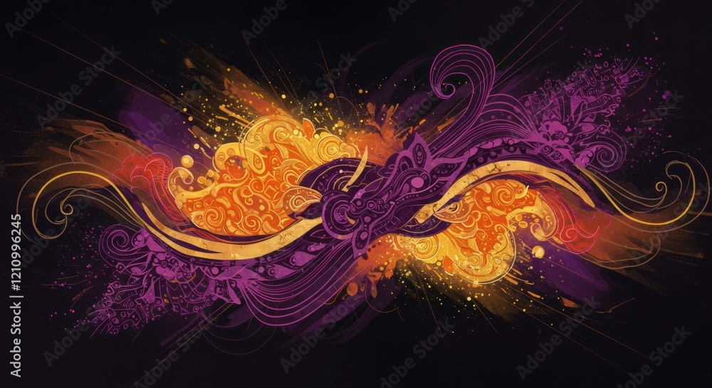 Aufkleber abstract fusion: a mesmerizing interplay of vibrant purple and orange swirls, creating an energetic 