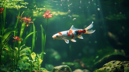 Koi fish swims in planted aquarium, sunlit background; serene aquatic scene